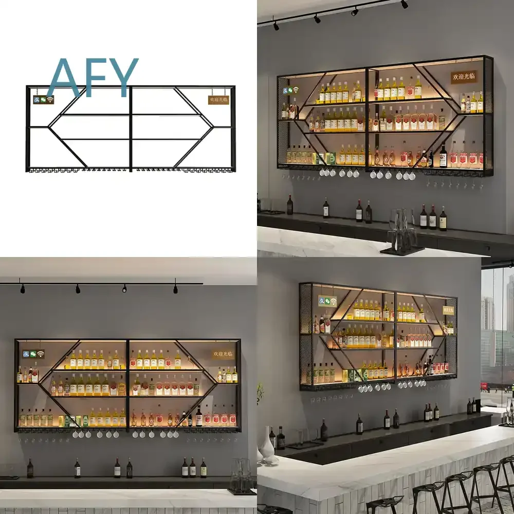 Modern Simple Wine Rack for Restaurant Bar Counter Wall Hanging Display Cabinet with Luminous LED Light Custom Design for