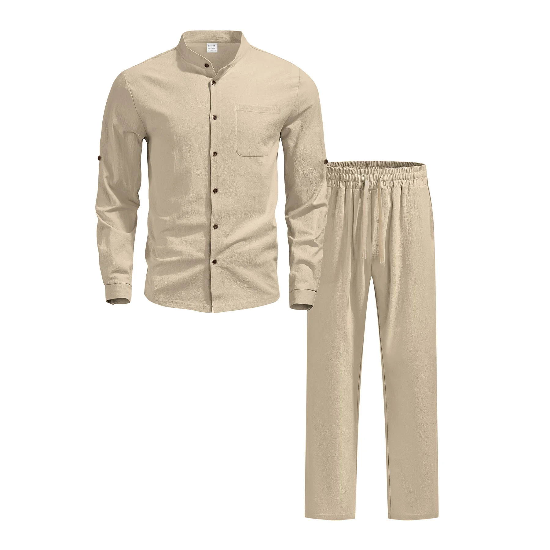 Men's 2-Piece Set Solid Linen Button up Long Sleeve Shirt And Trousers Casual Vacation Wear Plain Stand Collar Husband Outfit
