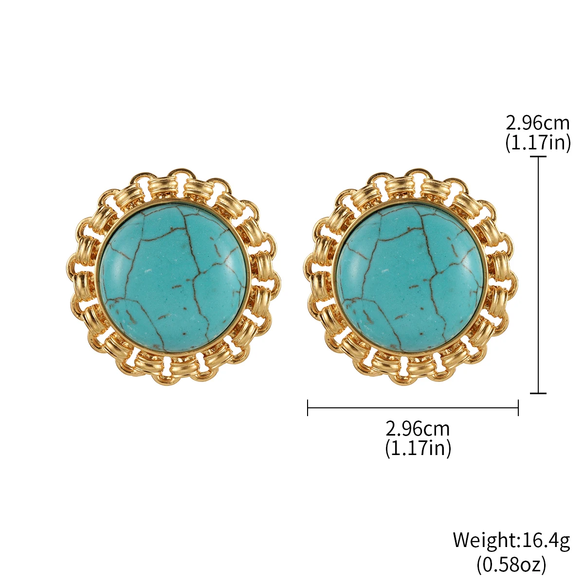 French Vintage Round Turquoise Stud Earrings for Women Gold Plated Braided Edge Statement Button Earrings Trendy Jewelry Gift