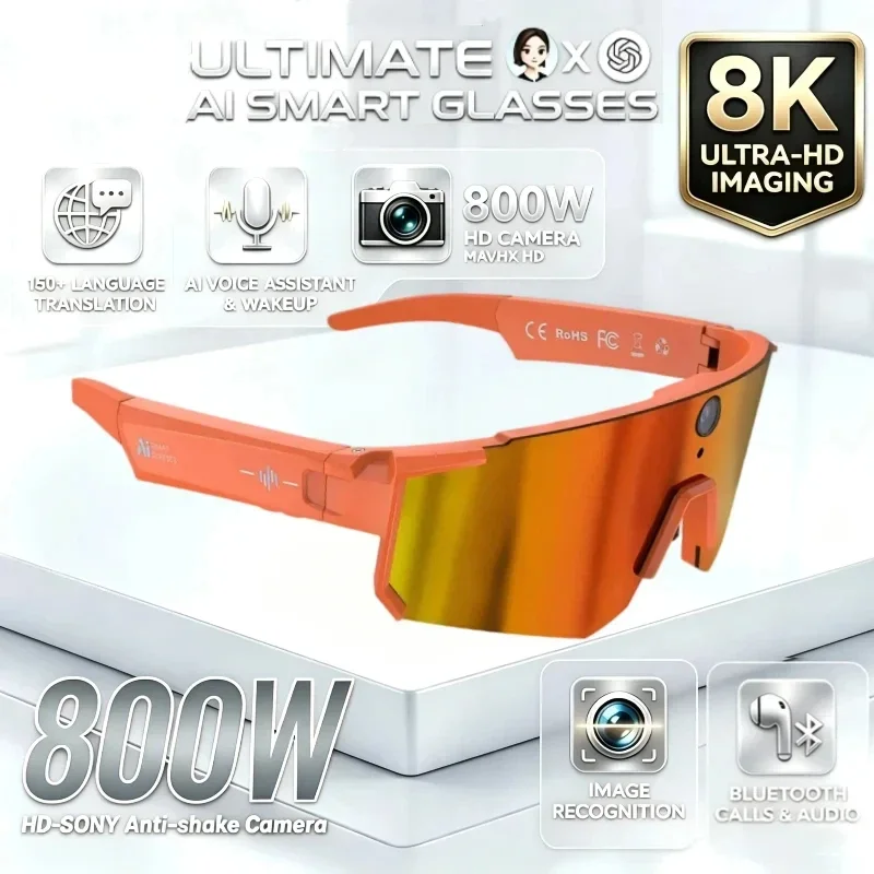 AI Smart Glasses ChatGPT 4K Camera 8MP Anti-shake Cycling Video&Photo Sport Sunglasses DualMic 32GB Windproof Goggles