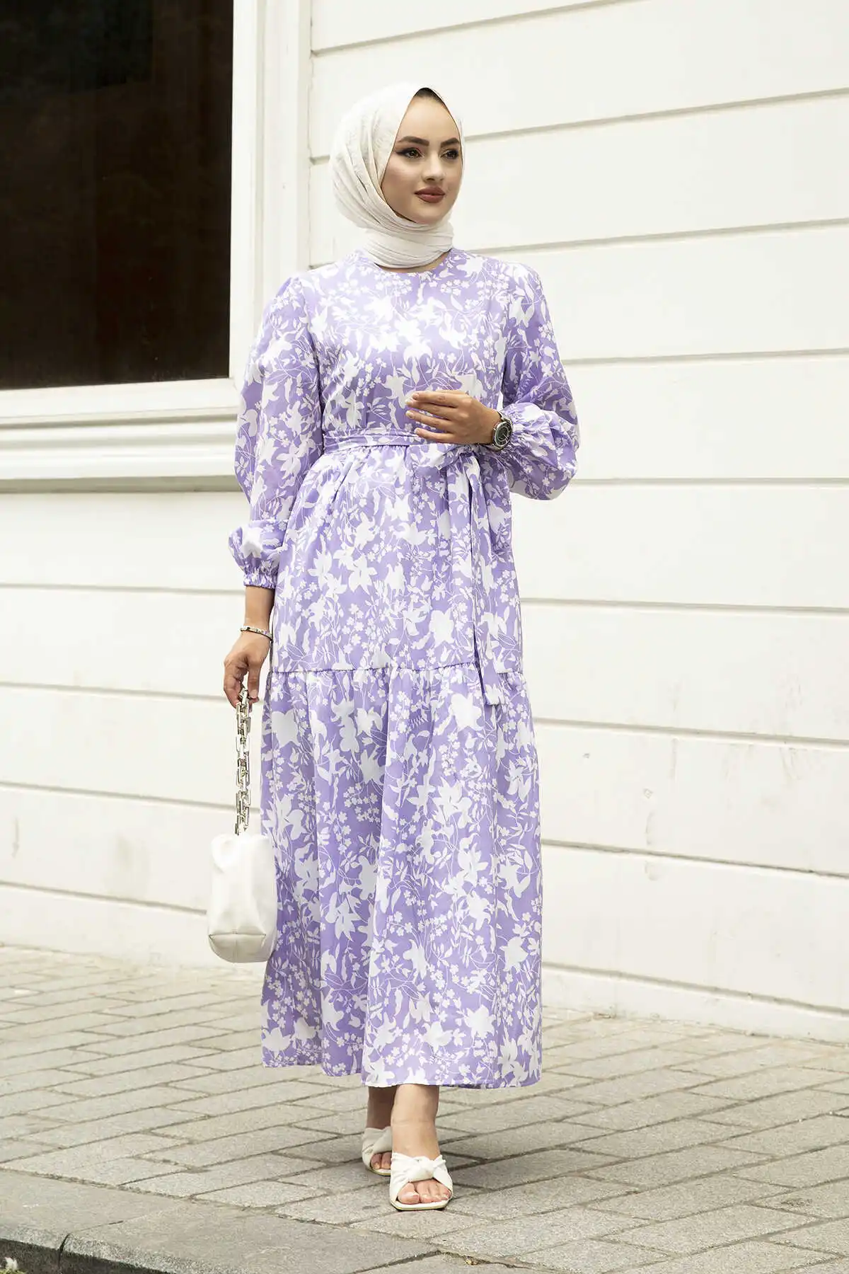 Waist Belted Skirt Frilly Dresses Lilac Winter Autumn 2021 Muslim Women Hijab headscarf Islamic Turkey