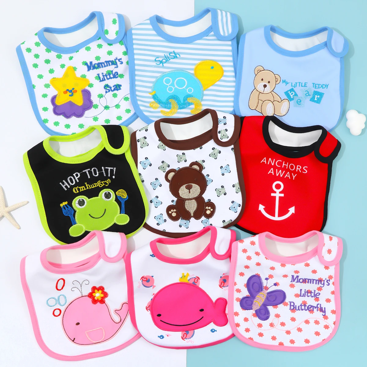 Random 2PCS  baby bib waterproof saliva towel for newborn baby rice pocket Cartoon embroidery bib for infant