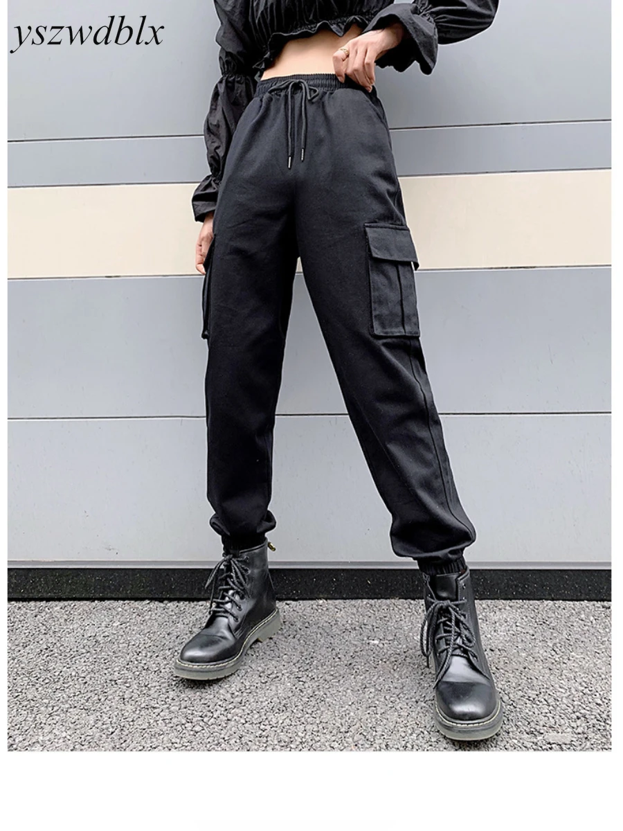 

YSZWDBLX 2025 Spring Summer Women Pants Casual Loose Cargo Drawstring Pockets Solid Ankle-Length Elastic Pants Womens Bottoms