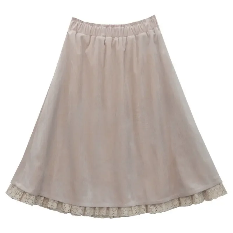 Autumn Women Skirt A-line Lace Patchwork Double Layer Vintage Korean Style Sweet Female Skirt Long Faldas Largas Mujer 2023 HOT