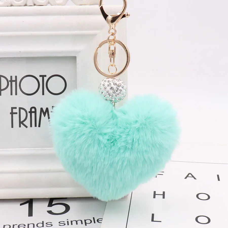 Soft Rabbit Fur Love Zircon Ball Charm Key Chain Jewelry for Women Colorful Love Key Ring Accessories Bags Keychains for Girls