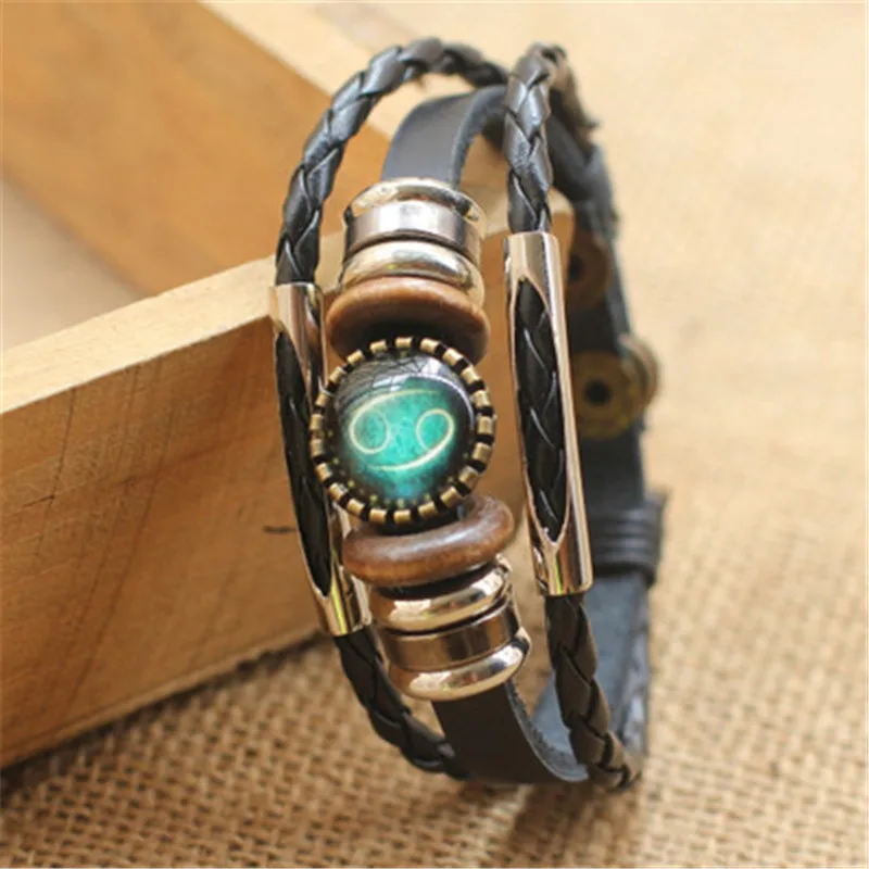 Fashion Punk Men Jewelry 12 Horoscope Leather Bracelet Retro Wooden Bead Charm Bracelet Female Male Jewelry Gifts Wholesale image 6