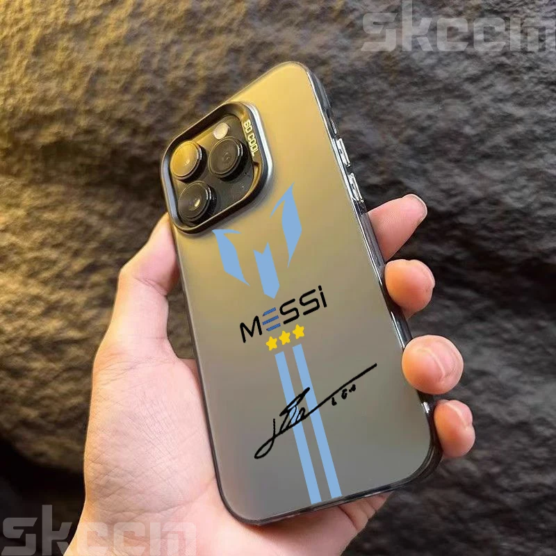 ميسي كرة القدم سوبر ستار تصميم بالكهرباء الفضة قضية الهاتف آيفون 15 16 14 13 12 11 برو ماكس XS X XR 7 8 زائد غطاء