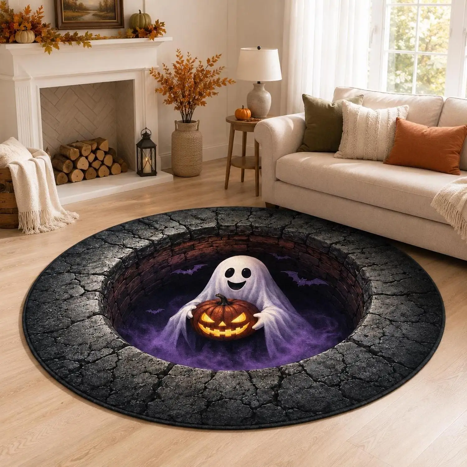 【Room Decoration Carpet】3D Ghost Halloween Carpet, Round Pumpkin Light Carpet, Spooky Optical Illusion Floor Mat, Haunted House Decoration