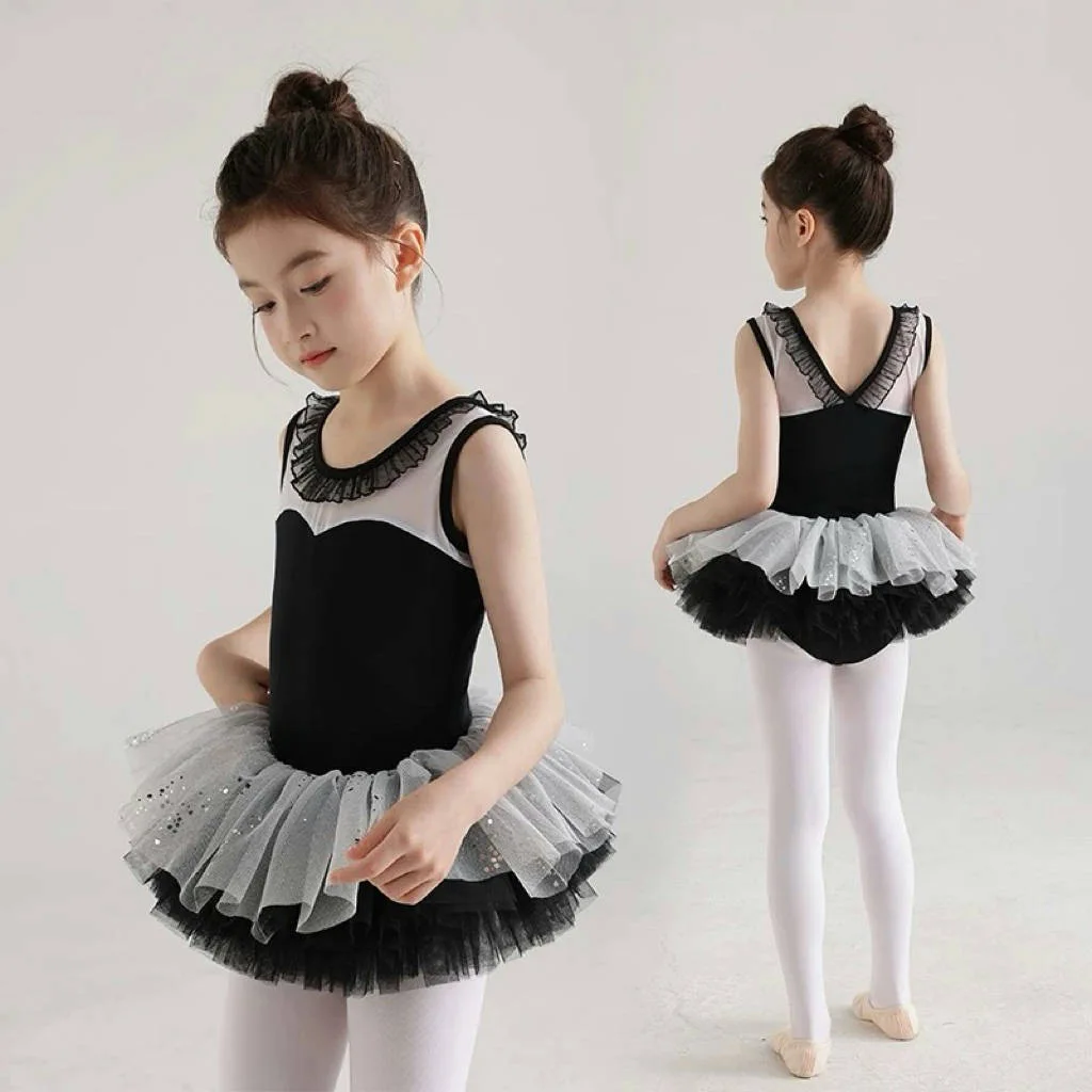 Summer Dance Costume Camisole Ballet Practice Suit Black Fungus Collar Lace Jumpsuit Girl Gymnastics Suit Basic Training Suit