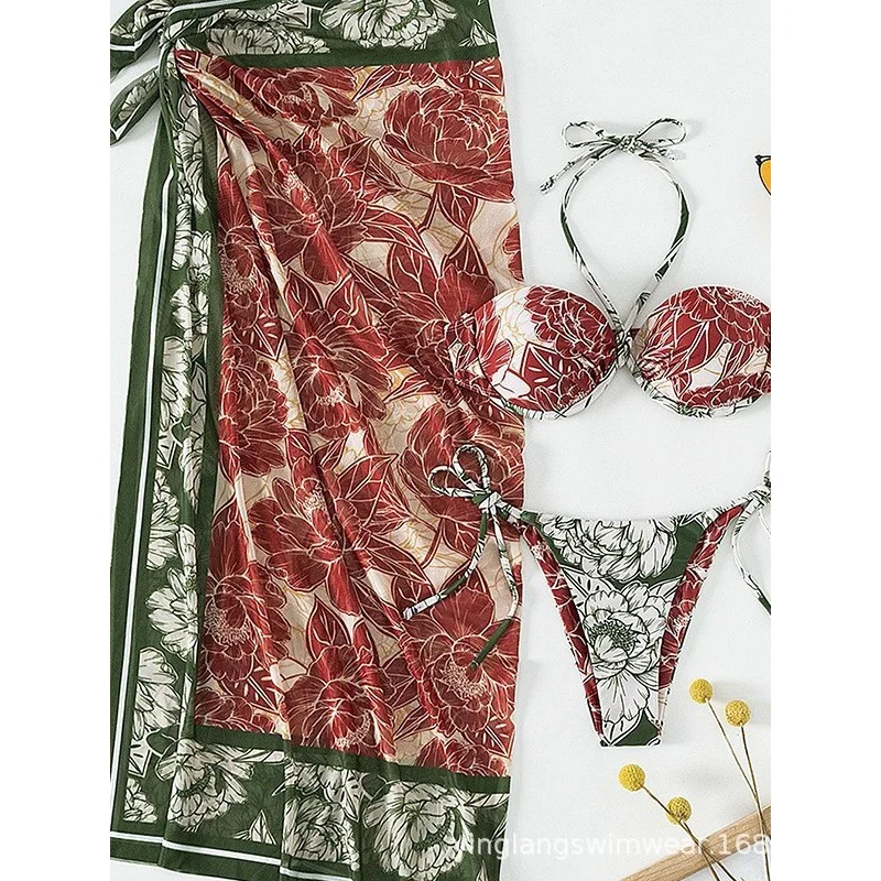 طقم بيكيني نسائي مطبوع مكون من ثلاث قطع 2025 بيكيني جديد عالي الخصر #4