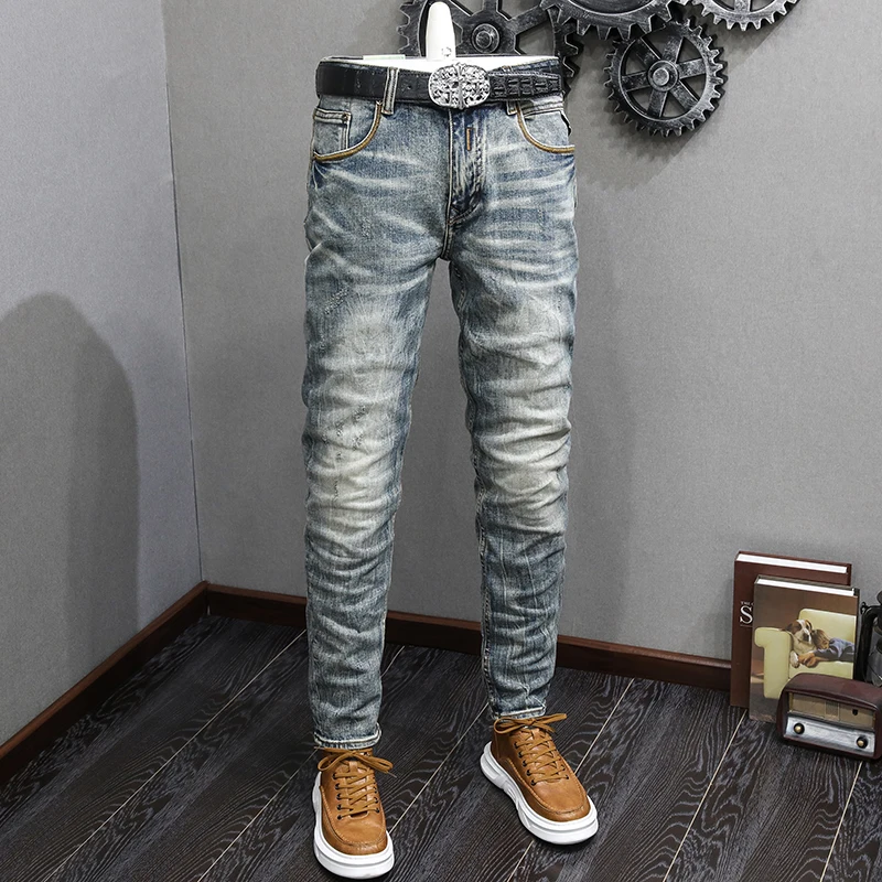 Fashion Designer Men Jeans High Quality Retro Washed Blue Stretch Slim Fit Ripped Jeans Men Vintage Denim Pants Trendy Trousers