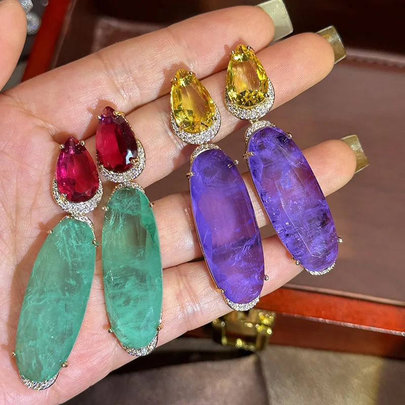 Vintage Multi Color Teardrop Oval Synthetic Gemstone Dangle Earrings Gold Tone CZ Halo Drop Earrings Party Statement Jewelry