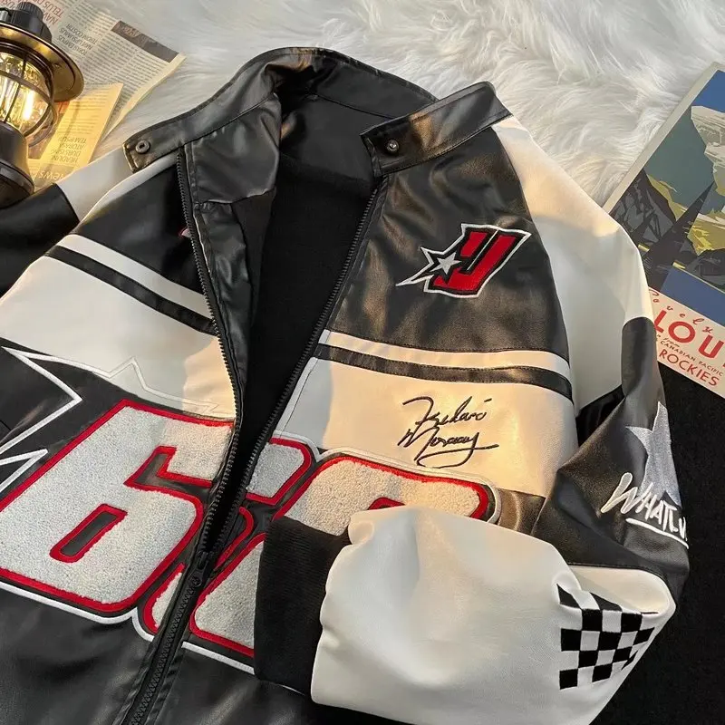 جديد الأمريكية بولي Leather سترة جلدية ربيع الخريف الشارع الهيب هوب الطيار دراجة نارية البدلة العلامة التجارية العصرية فضفاضة كول عادية مطرزة