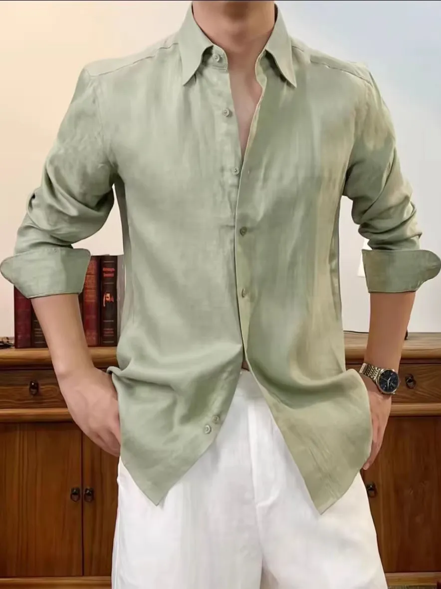 

New 2025 Men's Casual Long Sve irt Premium Flax Breathable Comfortable arp Collar Versatile Stand Fit Button up Top