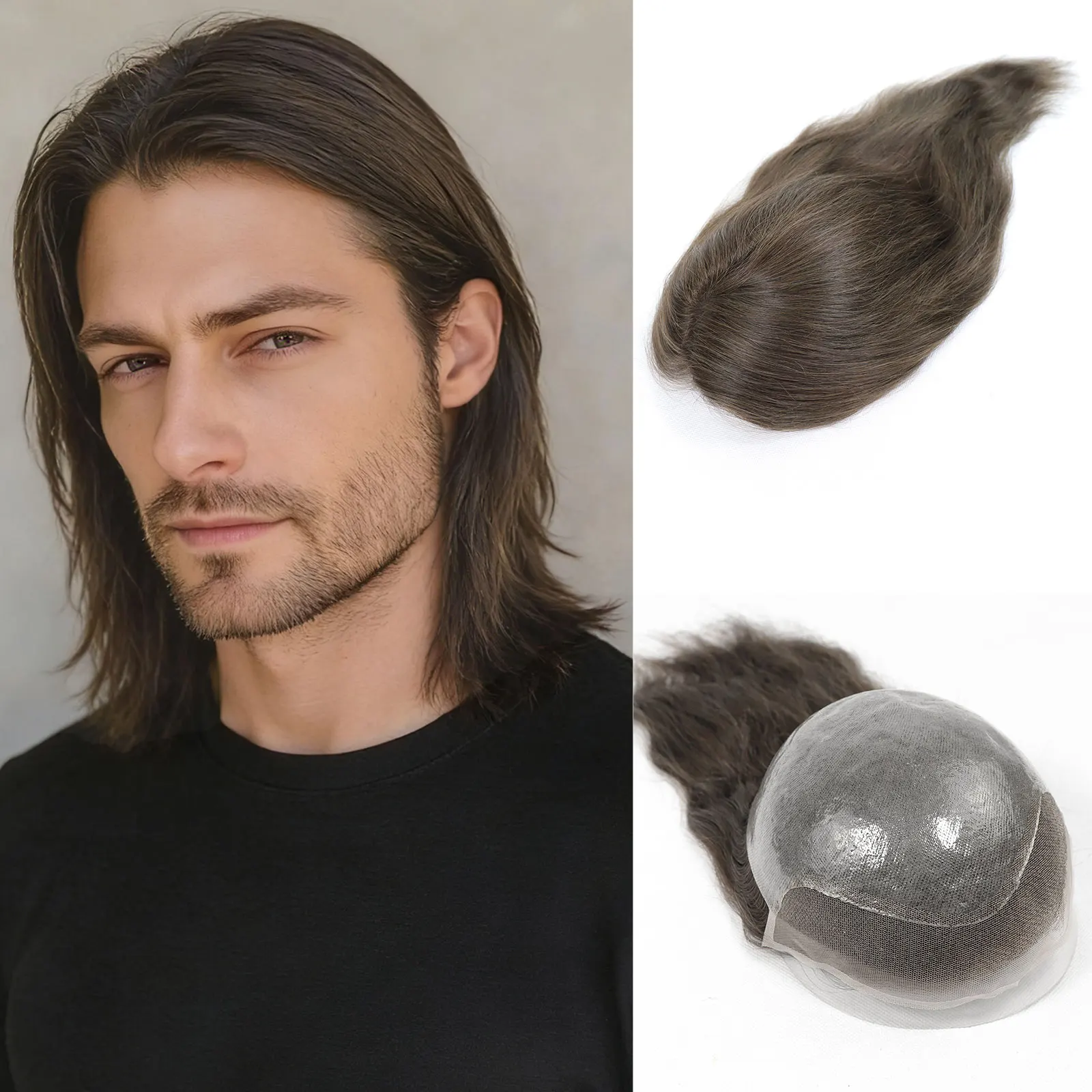 8x10 Long Brown Hair Toupee For Men Human Hair 13Inch BIO Lace With PU Hairpiece Men's Wig Men's Capillary  Replacement System