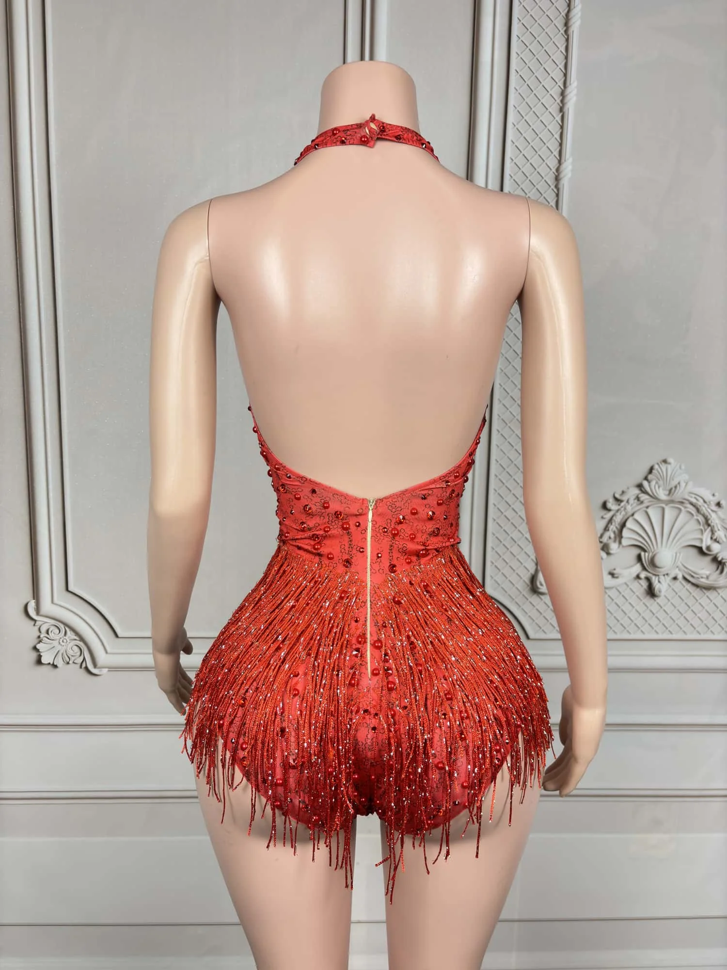 

Guabo Womens Sexy Red Rhinestone Fringe Bodysuit Halter Deep V Neck Sheer Mesh Bodycon Party Club Stage Performance Outfit