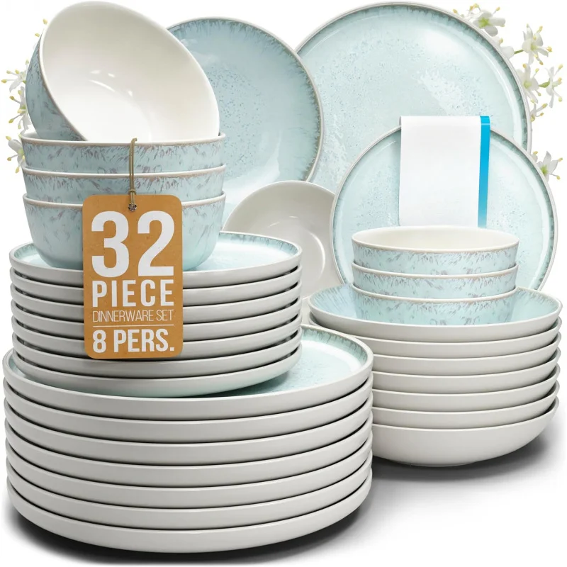 

Stoneware Dinnerware Set 32pcs for 8 Persons – Modern Beige Ceramic Plates & Bowls, Dishwasher Safe & Scratch Resistant