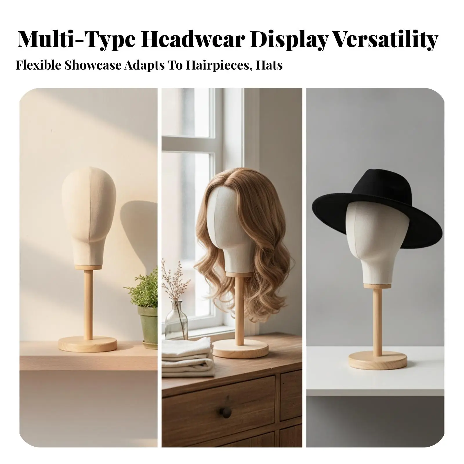 Mannequin Head Stand Linen Hat Display Wooden Base Hat Holder for Wig and Cap Storage Showcase