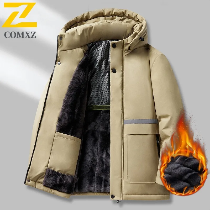 

COMXZ Men Winter Cotton Coat Fleece Lined Thickened Middle Aged Workwear Plus Size Cold Proof Parka Dad Style Thermal Outerwear