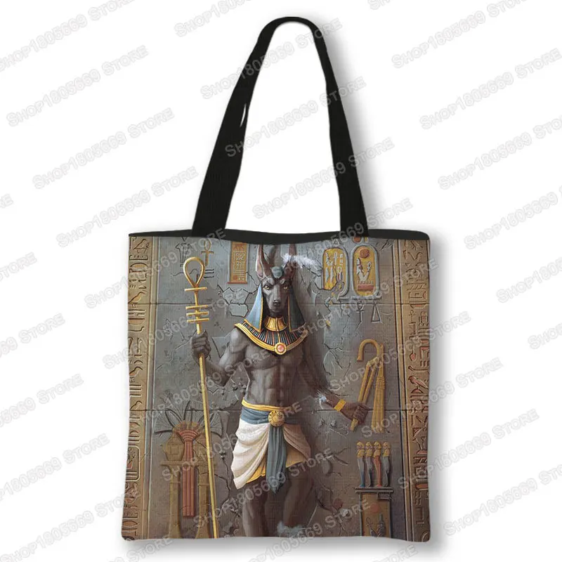 Ancient Egyptian Art Print Shopping Bag Women Handbag Egypt Pharaoh Anubis Shoulder Tote Bag Reusable Grocery Shopper Bags