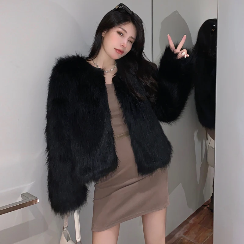 MEXZT Fashion Harajuku Faux Fox Fur Coat Women Winter Korean Slim Leather Jacket Female Casual Natural Color Open Stitch Coat