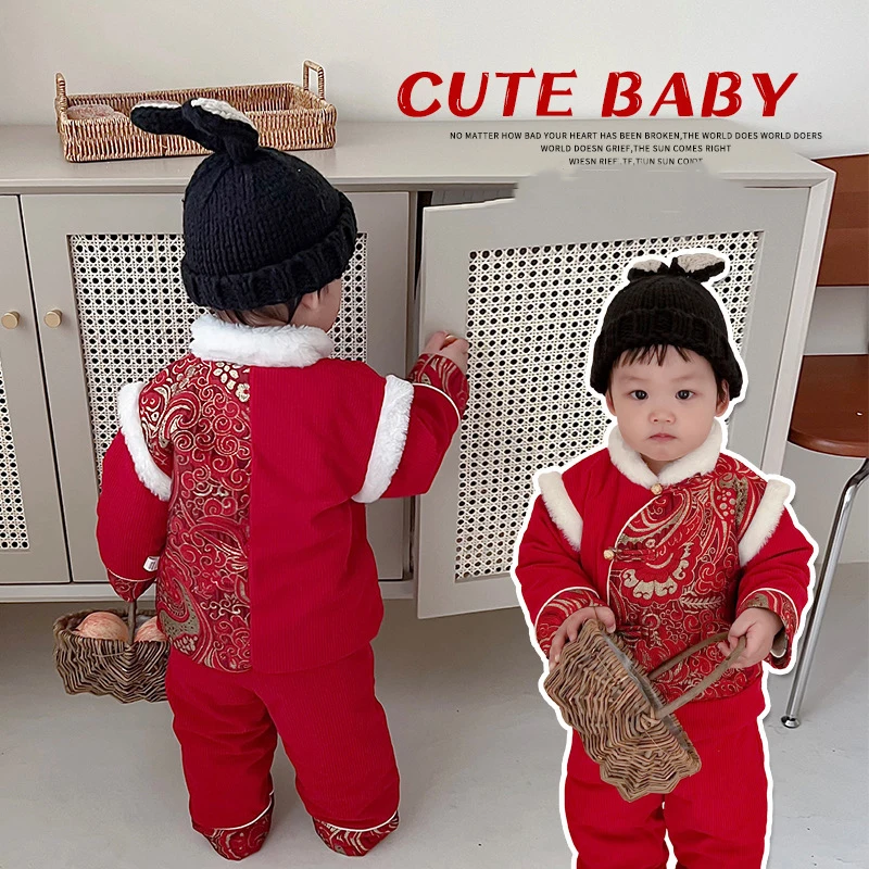 

Chinese Traditional Clothing For Kids Boys Girls Tang Suit Hanfu Chinese New Year Outfit Red Corduroy Coat Winter 2Pieces