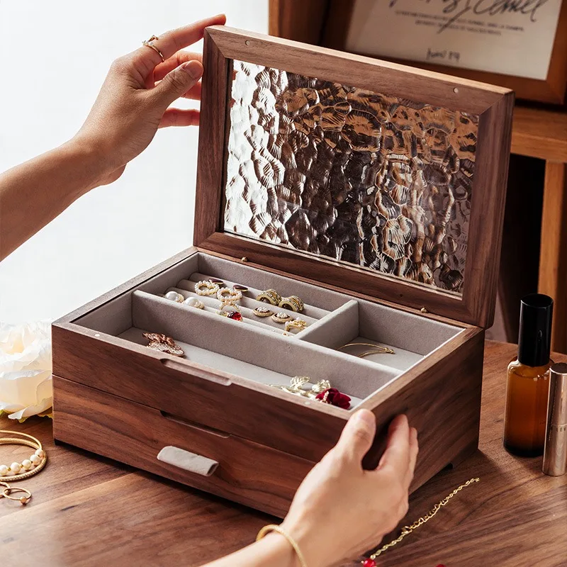 

Solid Wood Jewelry Storage Box Large Jewellery Organizer Boxes Transparent Ring Earrings Cases Trinket Pendant Bracelet Case