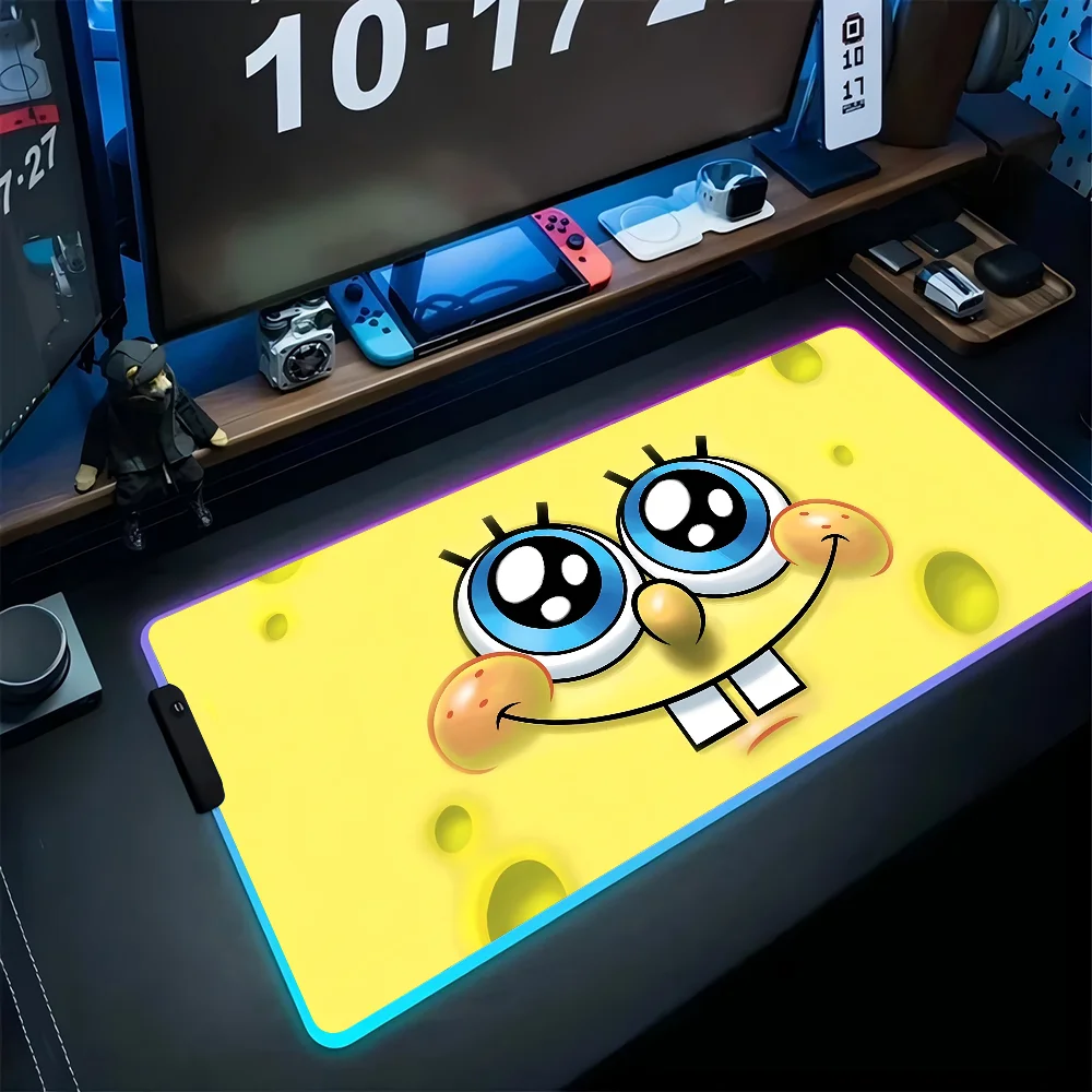 

anime S-SpongeBob Mousepad XXL RGB Gaming Mouse Pads HD Black Gamer Accessories Large LED