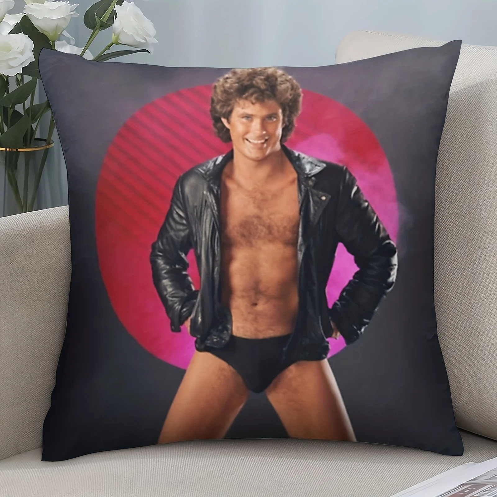 1pc Funny David Hasselhoff Meme Pillow Cover, 2D Double-Sided Print Polyester Pillowcase, Retro 80s Pinup Decor, Gag Gift for Fr