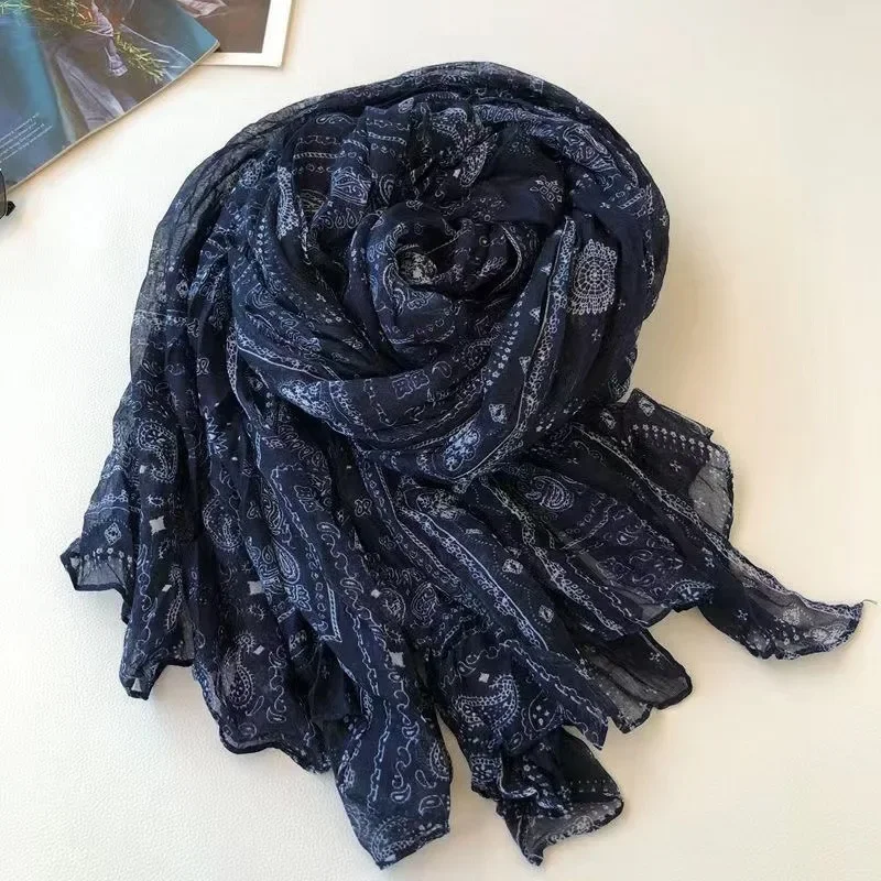 Ethnic Style Cashew Print Pleated Cotton and Linen Scarf Silk Scarf Women\'s Versatile Autumn and Winter Cold Protection Shawl