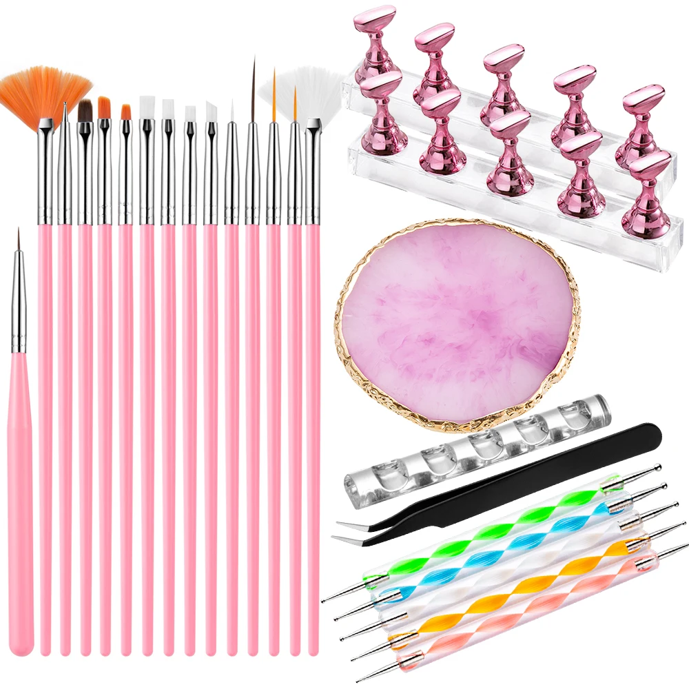 Nail Art Brush Set with Tweezers Pen Holder Resin Mixing Palette Dotting Tools Manicure Design Kit for Acrylic Gel UV Nails