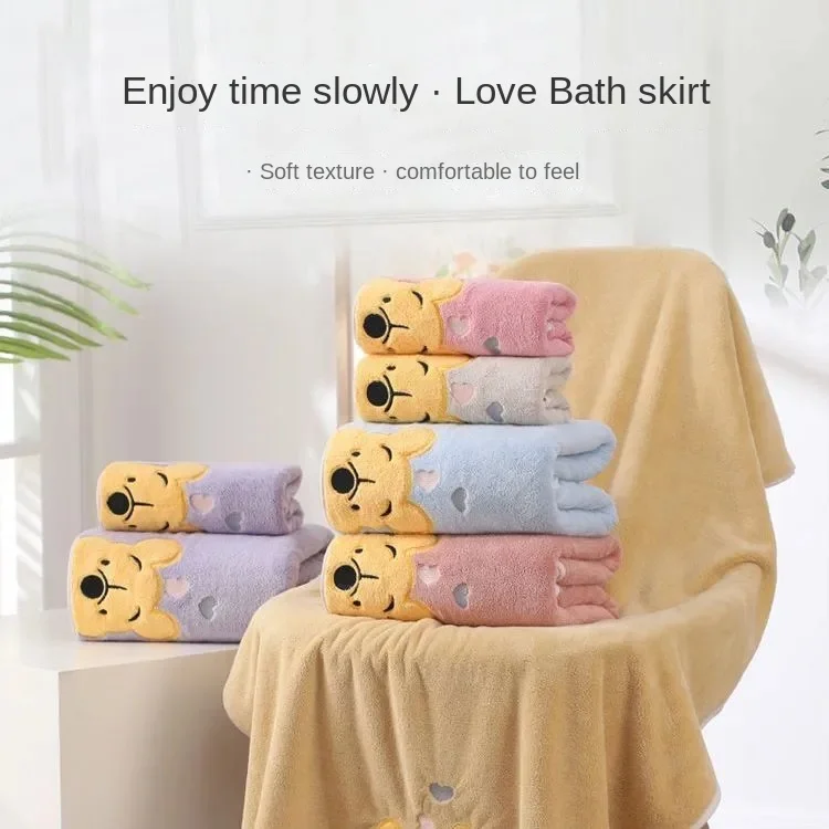 2Pcs Winnie Bear Towel Bath Towel Set Soft and Absorbent Coral Velvet Bath Towel Home Wash Towel Children\'s Cartoon Bath Towel