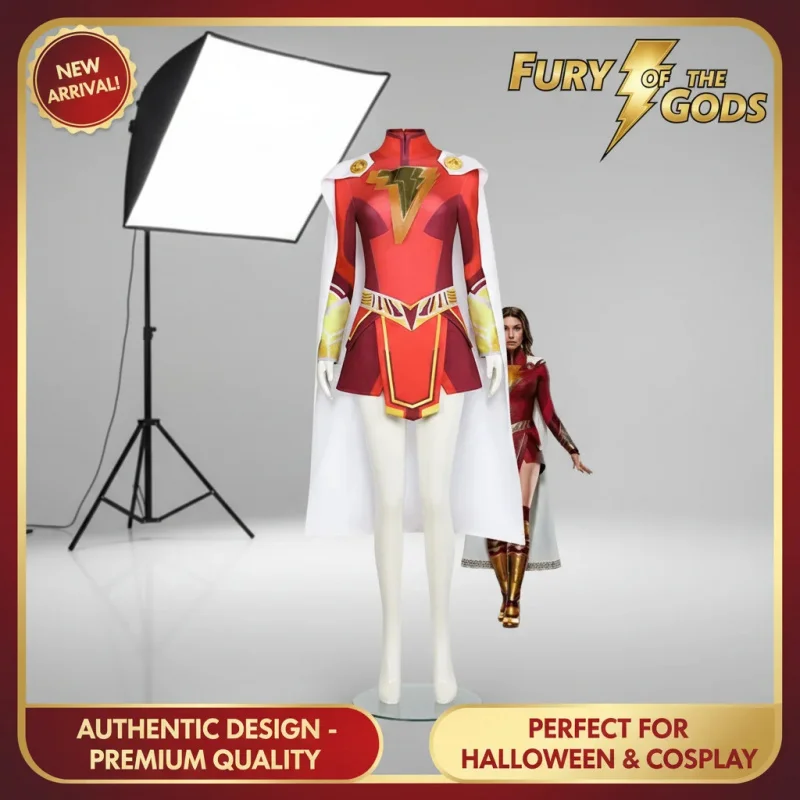 COSWomen Adult Mary Cosplay Costume Wig Fury Of The Gods Shazam Red Gold Superhero Suit With Cloak Halloween Jumpsuit view 4