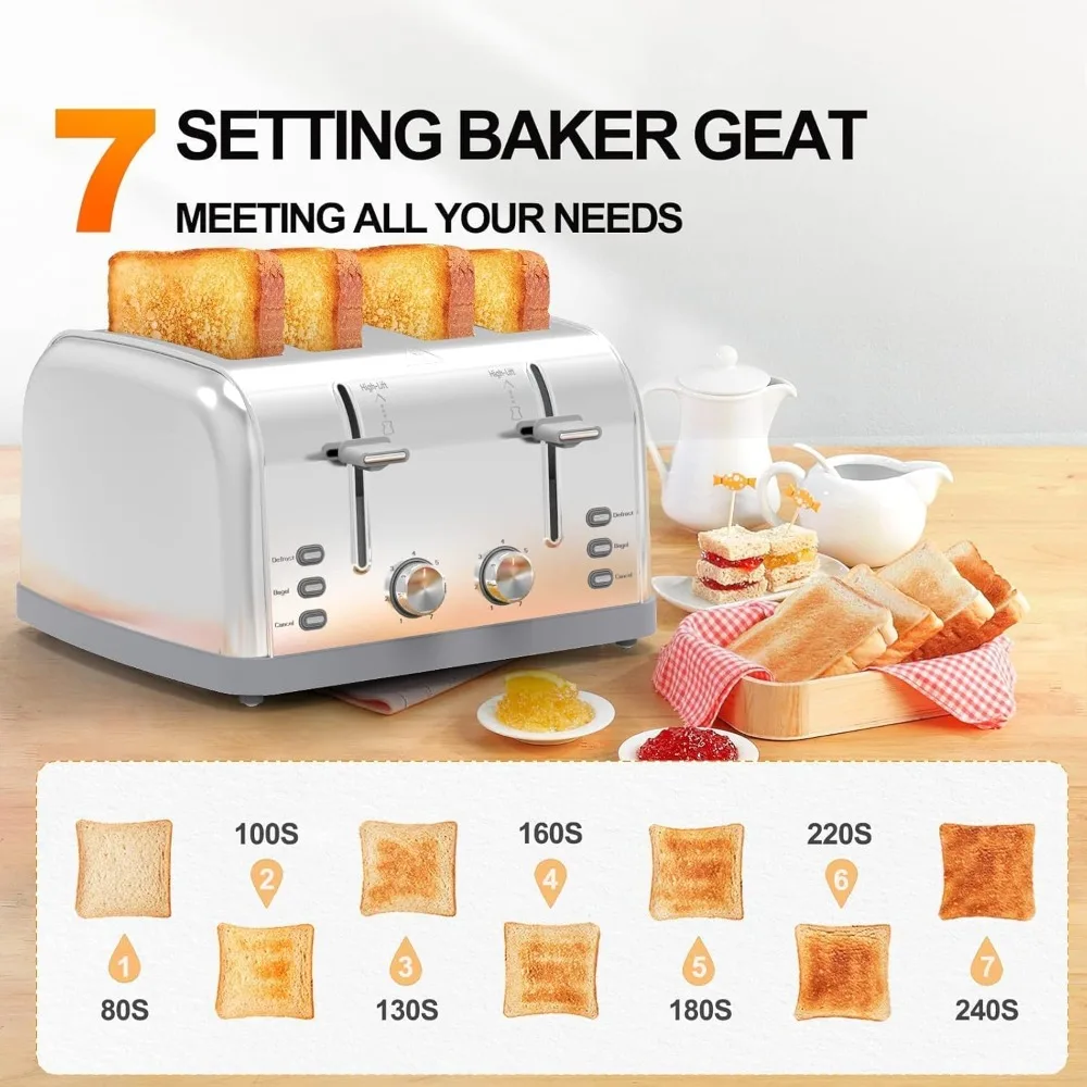 محمصة خبز 4 شرائح من الفولاذ المقاوم للصدأ، محمصة خبز 4 شرائح واسعة مع 7 إعدادات للظل، مثالية للفطائر والخبز والمزيد