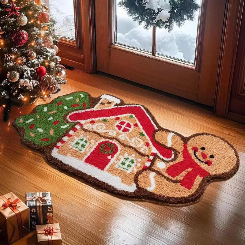VIKAMA Cute Gingerbread Man House Shaped Bathroom Rug Non Slip Fluffy Absorbent Bath Mat Xmas Indoor Home Decoration