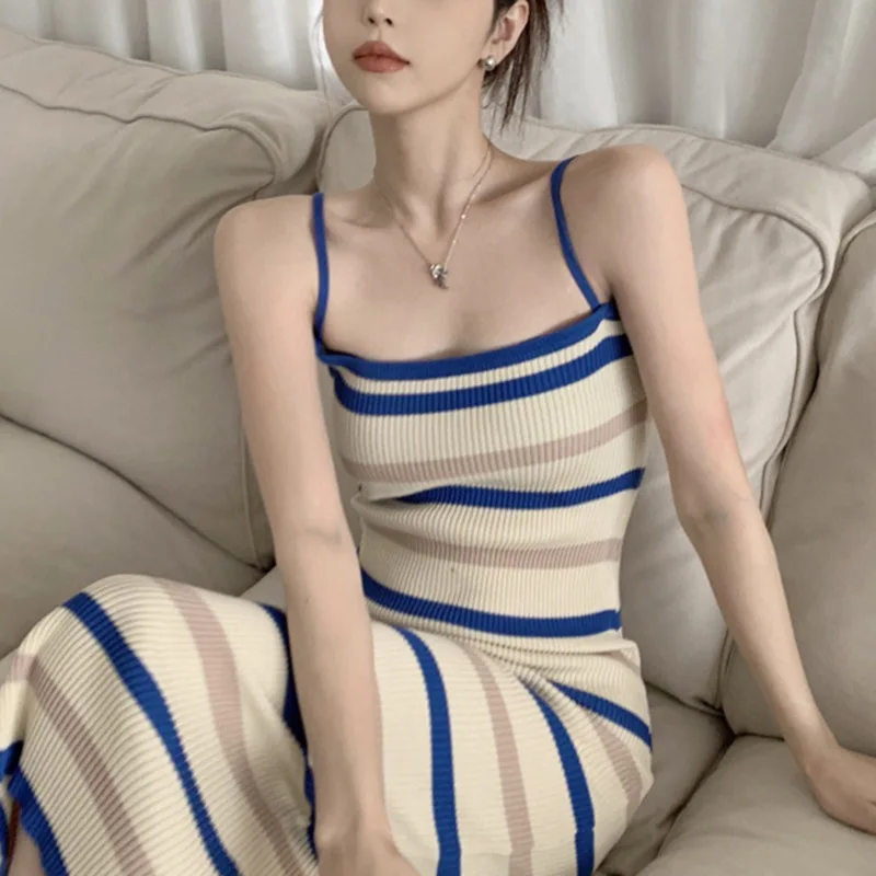 Elegant Camisole Dress Women's Summer New Sleeveless Slim Knitted Striped Midi Dress 2026