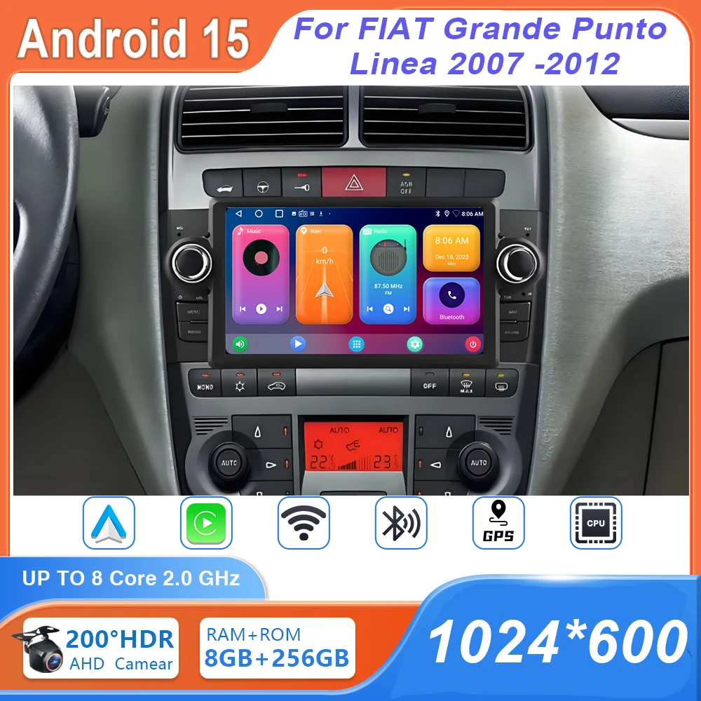 7 Inch Screen For FIAT Grande Punto Linea 2007 -2012 Android 15 Car Radio Video Stereo Player GPS Navigation Multimedia Carplay