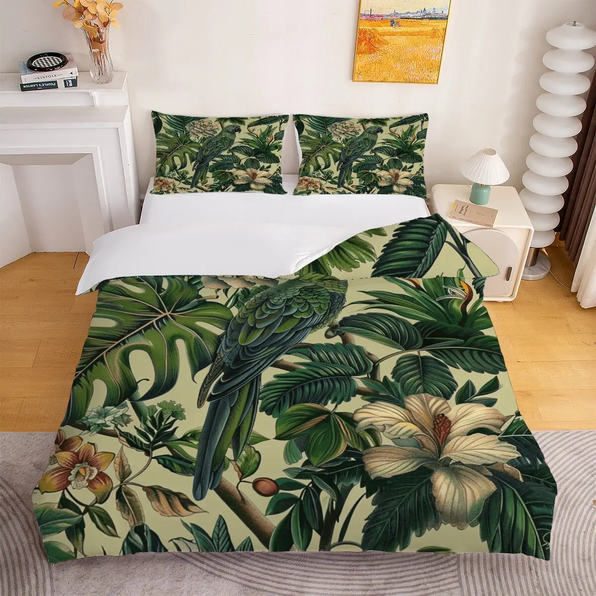 Parrots and flowers  Down comforter set, extra large size  Green   1 duvet cover, 2 pillowcases, 3 pieces