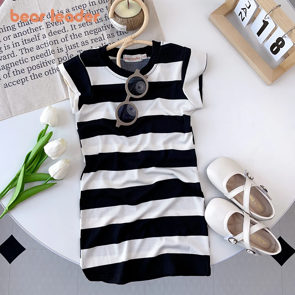 Bear Leader Baby Girl Dress Girls Sleeveless Striped A-Line Dress Summer New Girl Crew Neck Cute Princess Dresses Kids Clothes