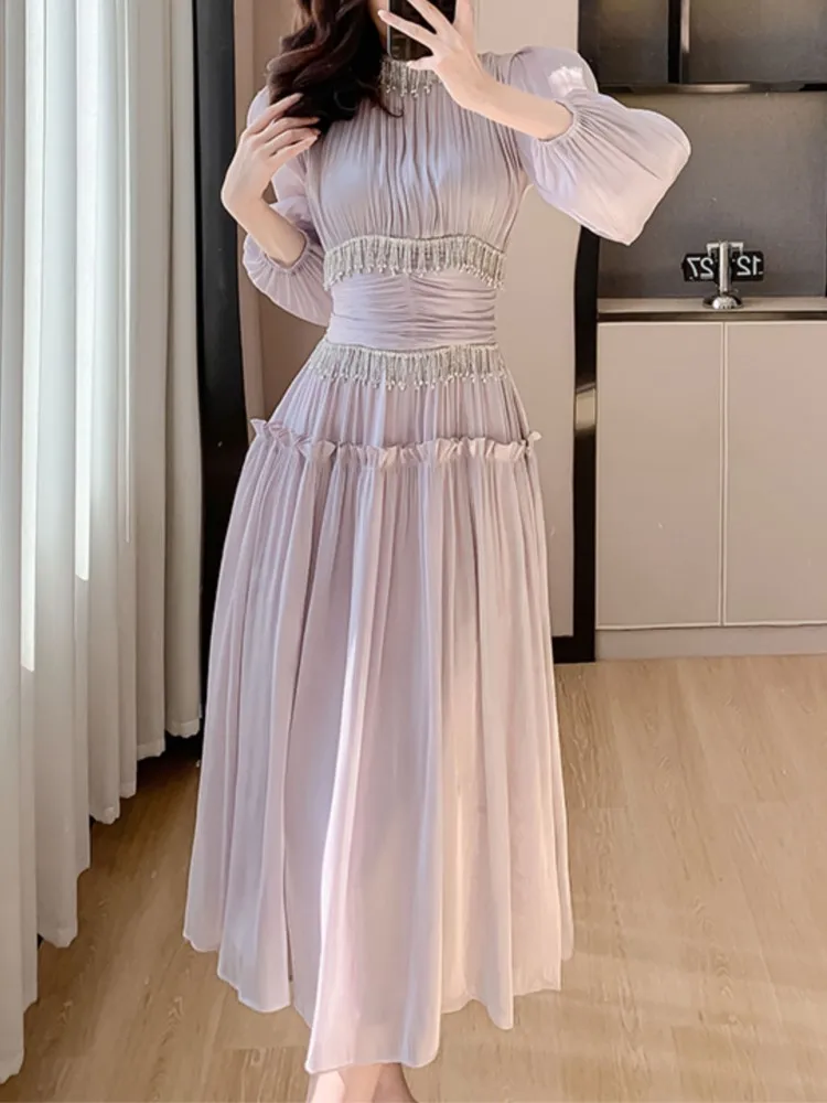 Fashion New Women Elegant Casual Midi Long Prom Dress Puff Sleeve A-Line Solid Vintage Party Birthday Clothes Female Robe Mujers