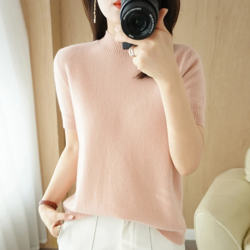 

Comfortable knitted ribbed short sleeved T-shirt for women's high neck short sleeved summer fashionable solid color vest