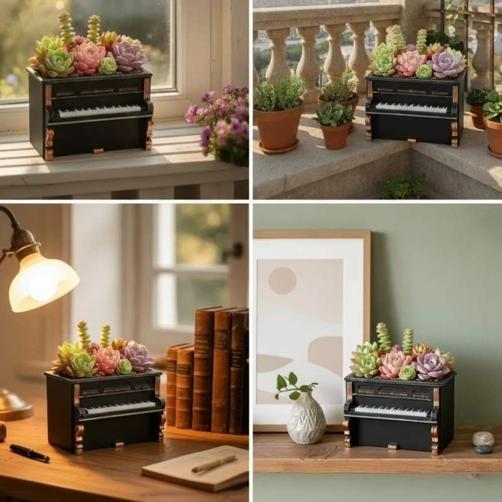 Creative Retro Style Piano Flower Pot Decorative Gold Trim Piano Shaped Pen Holder Unique Succulent Pot Tabletop Decor