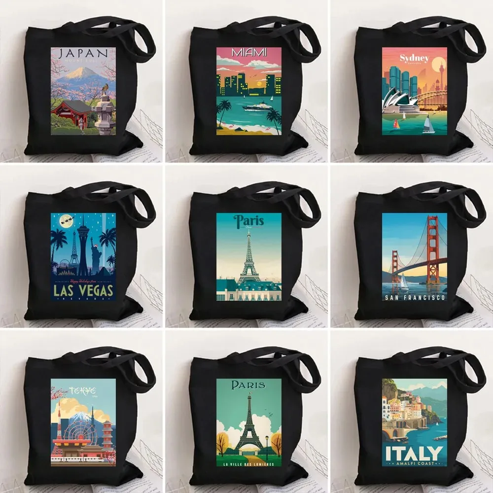 Paris Cityscape Women Shoulder Bag Tokyo Sydney Architectural Logo Eco Tote Large Capacity Portable Canvas Casual Shopping Bags
