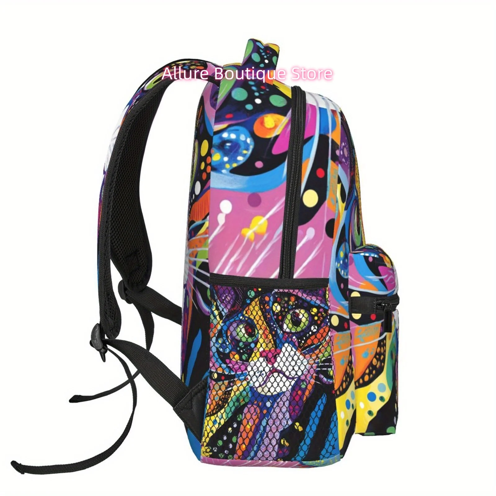 Vibrant Cat Graphic Backpack - Lightweight, Double-Compartment Design with Zipper Closure, Large Capacity for Travel, Campus, an