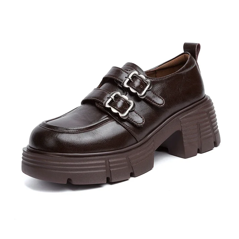 

2025 New High Quality Women's Platform Genuine Leather Leather Shoes Fad Belt Buckle Women JK Mary Jane Loafers Zapatos De Mujer