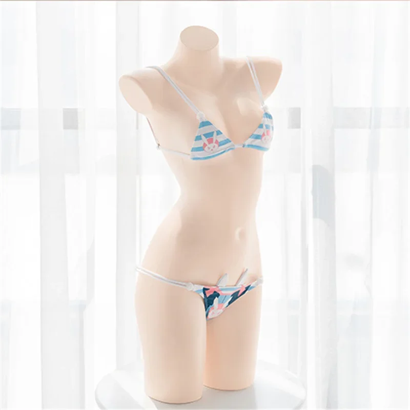 Gioco Rabbit Print Bikini Set Blue White Underwear tre punti vita bassa Hollow Lingerie Anime costume da bagno ragazze giapponesi costumi da bagno