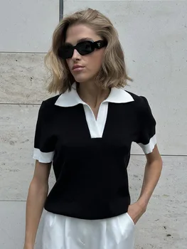 2026 Summer New Short Sleeved Knitted Sweater Temperament Commuting Polo Collar Contrasting Color Slim Fit Knitted Top 3
