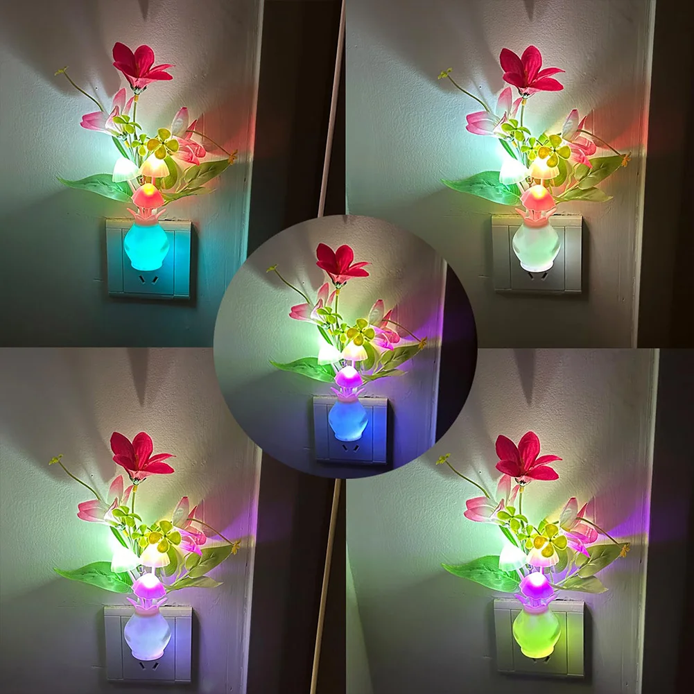 Plug-in Night Light With Auto Light Sensor RGB LED Mushroom Night Light, Energy Efficient Plug Into Wall Flower Lamp For Nursery