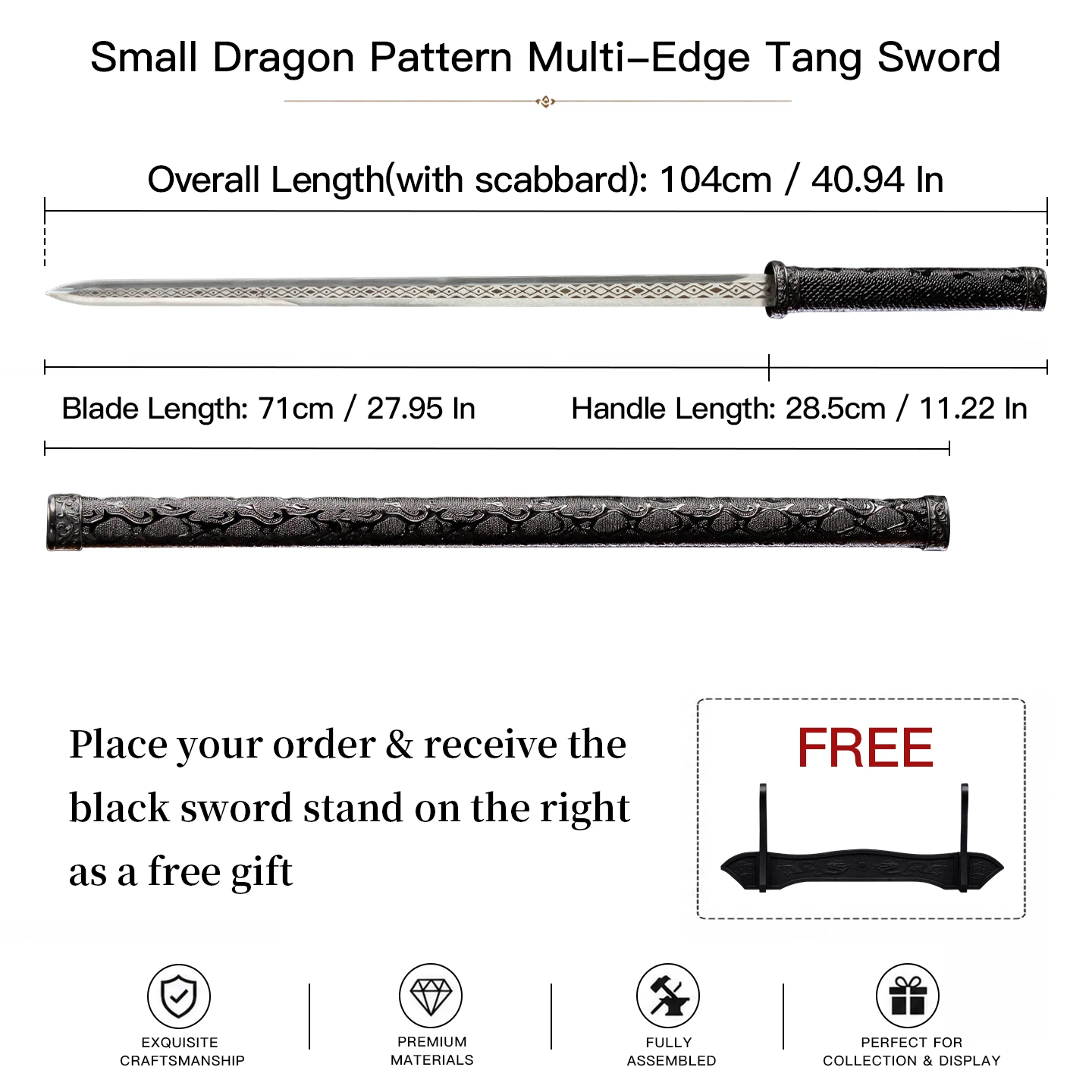 Small Dragon Pattern Tang Sword High Chromium Steel Etched Blade Full Embossed Dragon PC-ABS Composite Fittings Solid Black