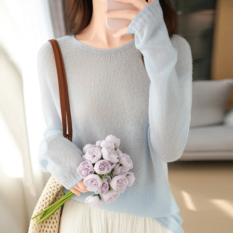 

Autumn/Winter New Women's Wool Pullover Casual Solid Color Cashmere Knitted Sweater Loose Round Neck Silk Tops Warm Jumper